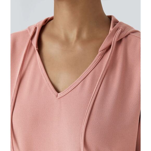 Halara Dress Large Rose Pink Hooded Sweatshirt V Neck Pocket Waffle Knit Casual - Picture 7 of 16